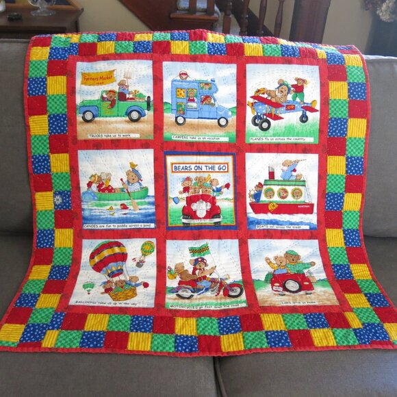 Handmade Other - Vintage Handmade Handsewn Bears On Go Micky Mouse Double Sided Cotton Quilt